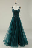 A Line Spaghetti Straps Dark Green Long Ball Dress with Appliques