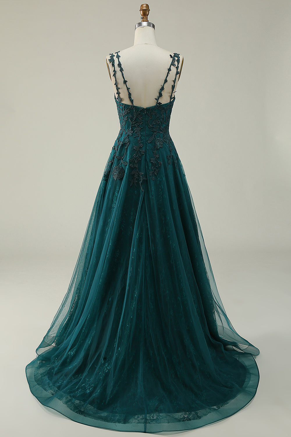 A Line Spaghetti Straps Dark Green Long Ball Dress with Appliques
