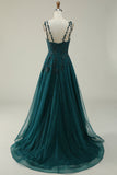 A Line Spaghetti Straps Dark Green Long Ball Dress with Appliques