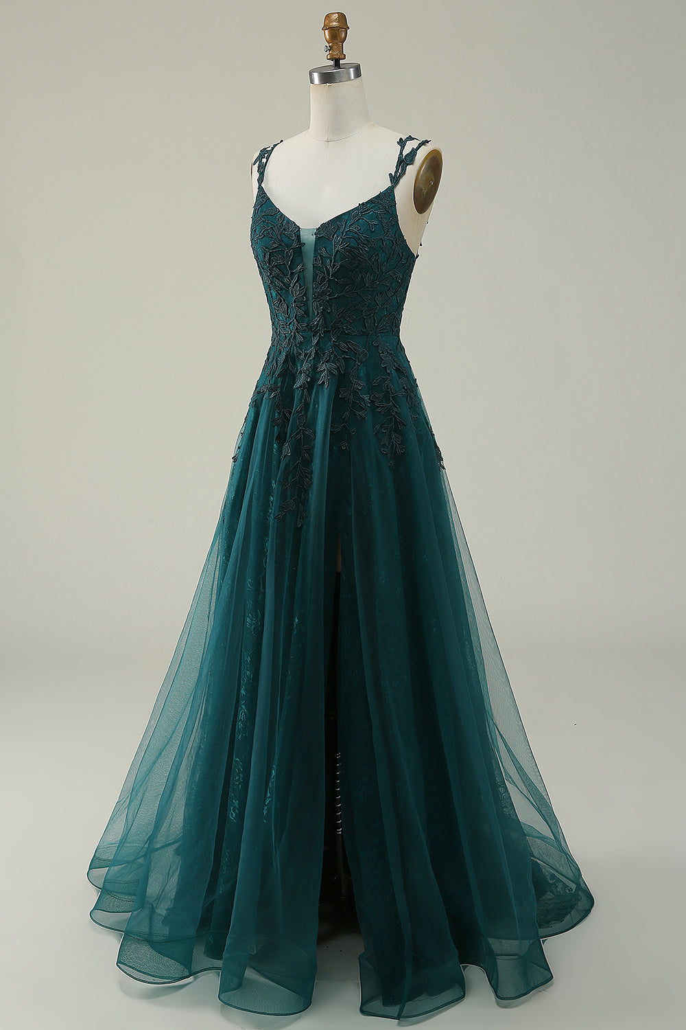 A Line Spaghetti Straps Dark Green Long Ball Dress with Appliques