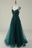 A Line Spaghetti Straps Dark Green Long Ball Dress with Appliques