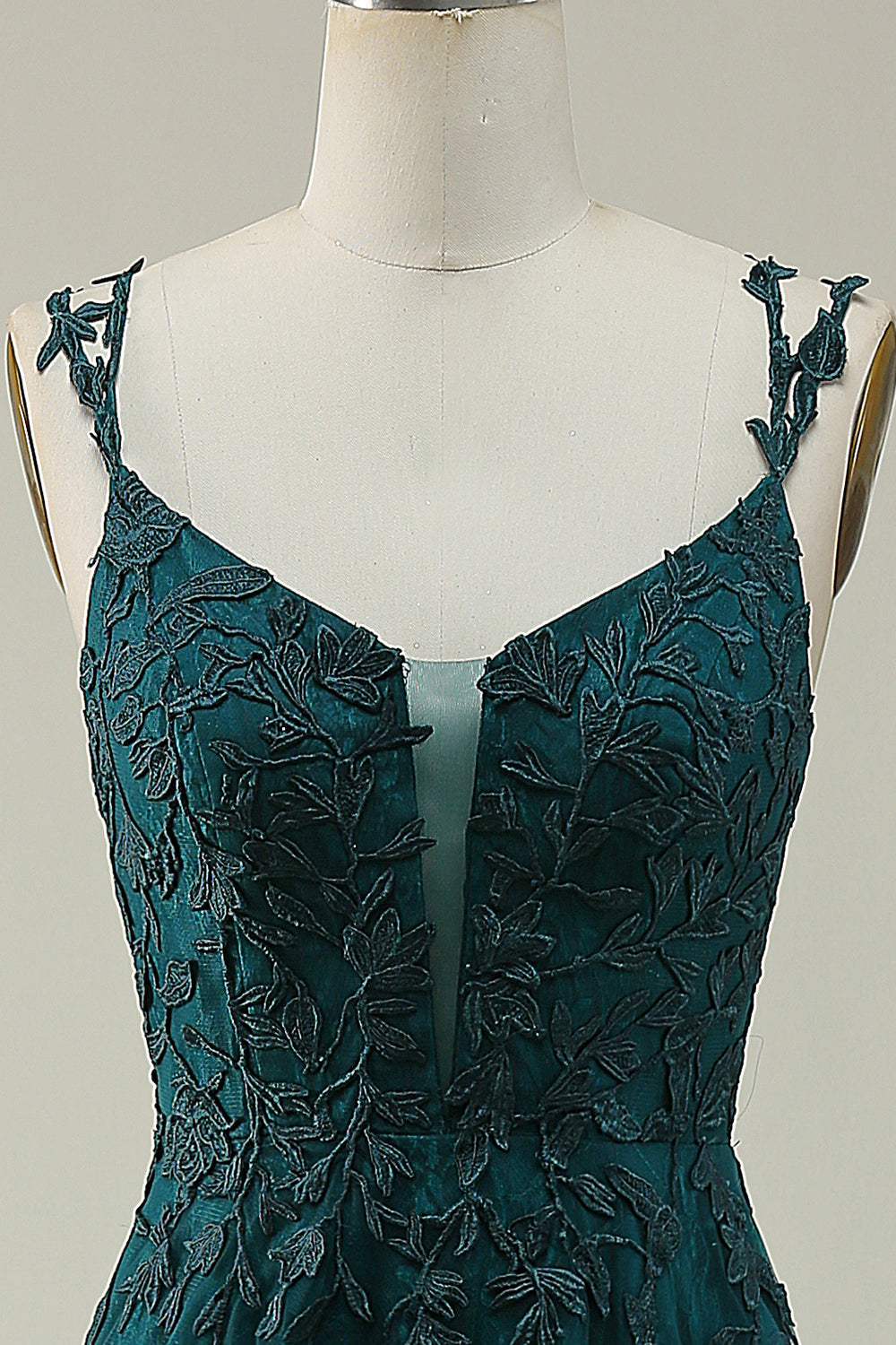 A Line Spaghetti Straps Dark Green Long Ball Dress with Appliques