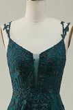 A Line Spaghetti Straps Dark Green Long Ball Dress with Appliques