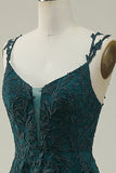 A Line Spaghetti Straps Dark Green Long Ball Dress with Appliques
