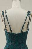 A Line Spaghetti Straps Dark Green Long Ball Dress with Appliques