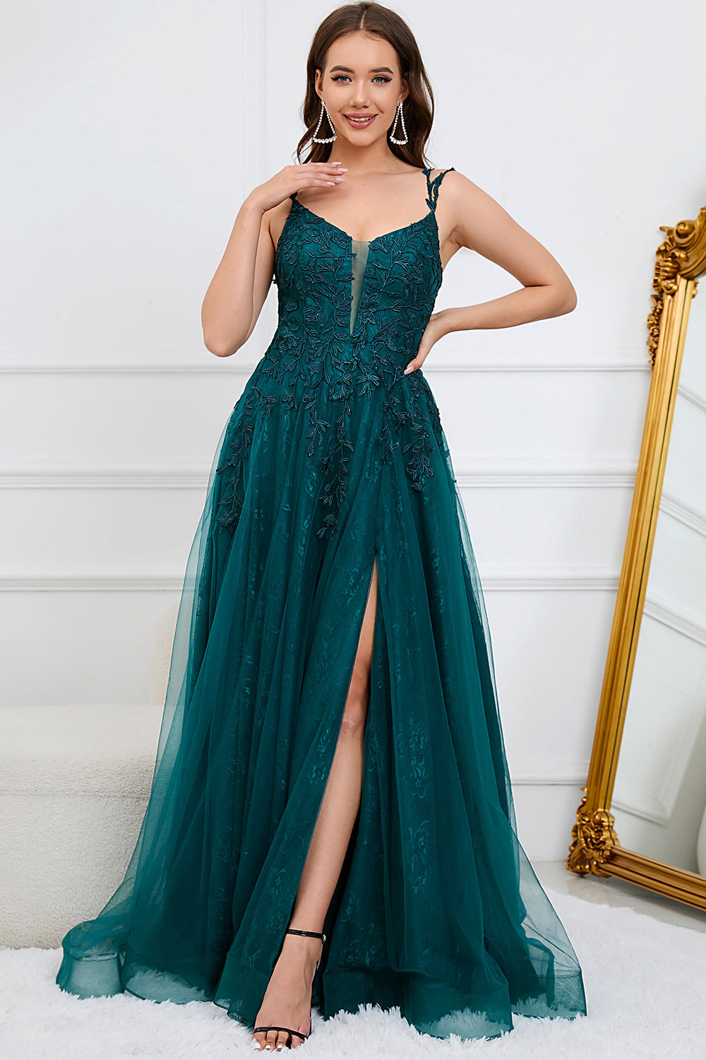 A Line Spaghetti Straps Dark Green Long Ball Dress with Appliques