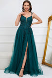 A Line Spaghetti Straps Dark Green Long Ball Dress with Appliques