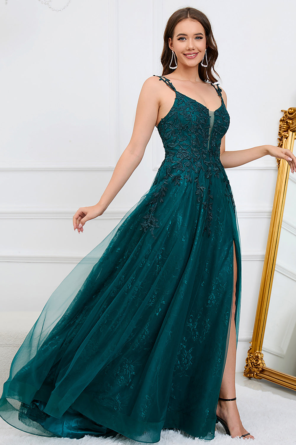 A Line Spaghetti Straps Dark Green Long Ball Dress with Appliques