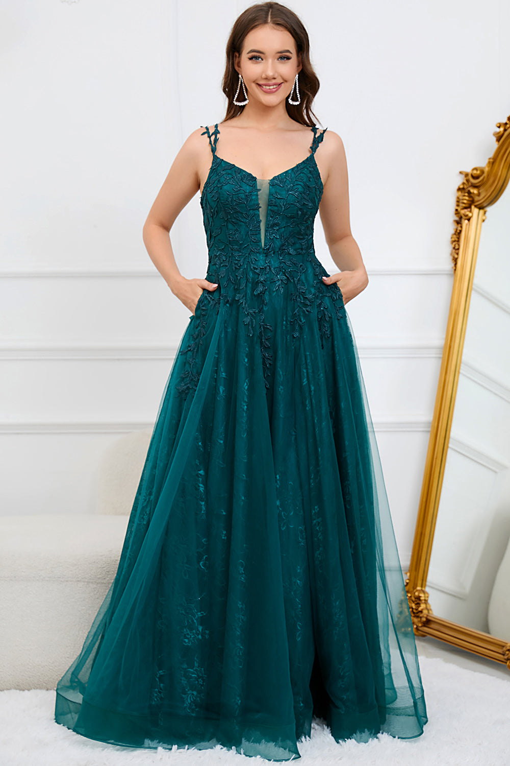 A Line Spaghetti Straps Dark Green Long Ball Dress with Appliques