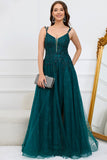 A Line Spaghetti Straps Dark Green Long Ball Dress with Appliques