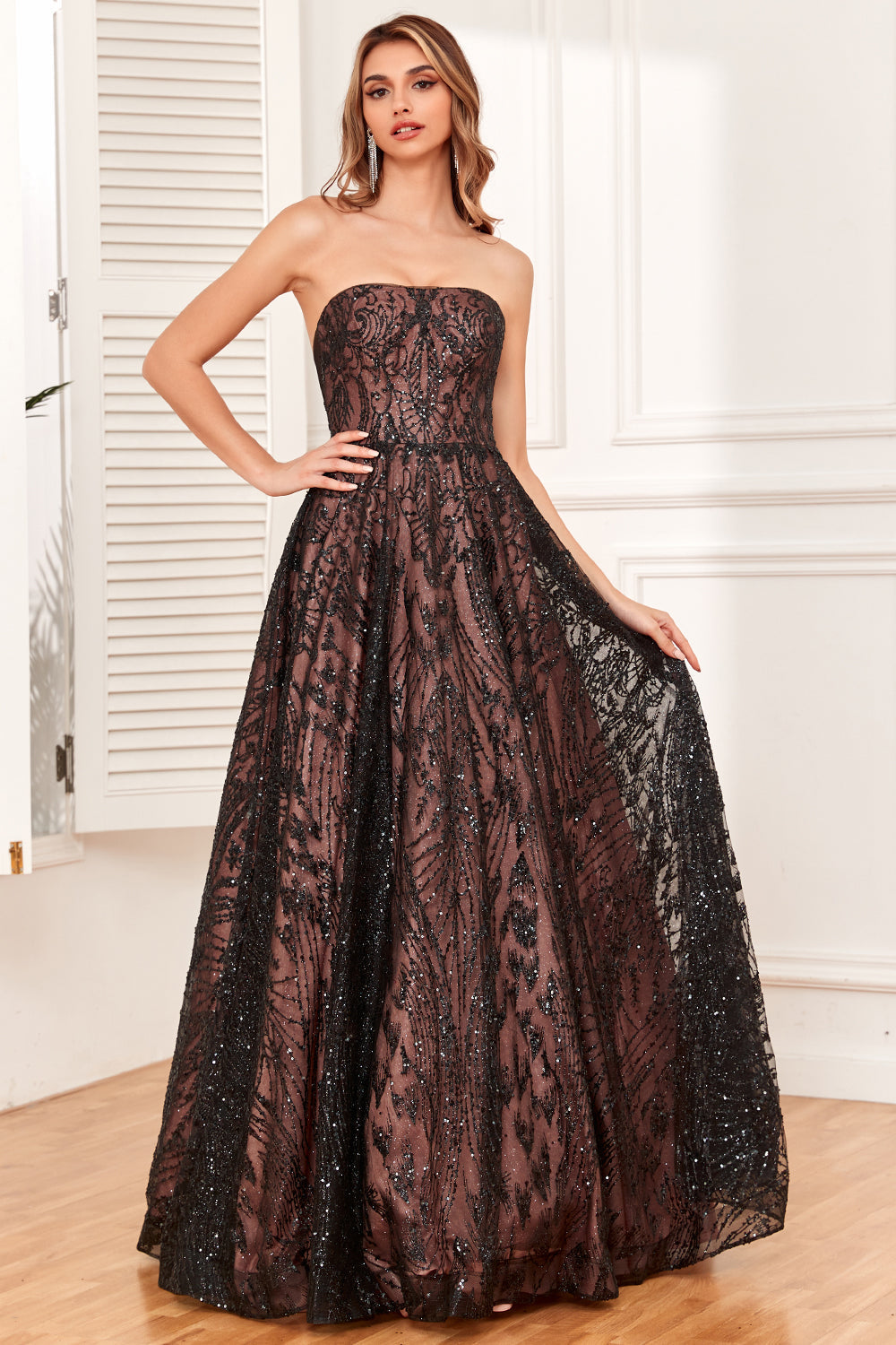 Black A Line Strapless Floor Length Ball Dress with Beading