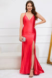 Deep V-Neck Sleeveless Long Red Ball Dress with Slit