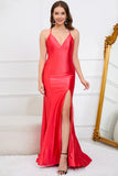 Deep V-Neck Sleeveless Long Red Ball Dress with Slit