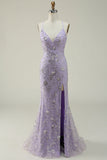 Mermaid Spaghetti Straps Purple Long Ball Dress with Beading