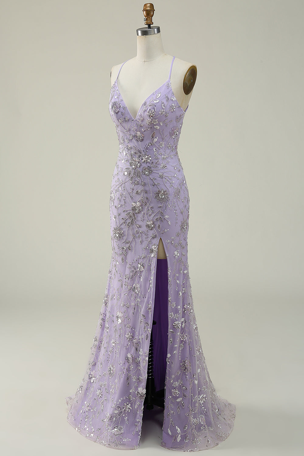 Mermaid Spaghetti Straps Purple Long Ball Dress with Beading