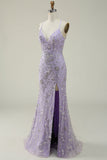 Mermaid Spaghetti Straps Purple Long Ball Dress with Beading