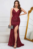 Mermaid Sequins Burgundy Long Ball Dress with Slit
