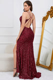 Mermaid Sequins Burgundy Long Ball Dress with Slit