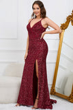 Mermaid Sequins Burgundy Long Ball Dress with Slit