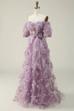 A Line Off the Shoulder Purple Long Ball Dress with Printing
