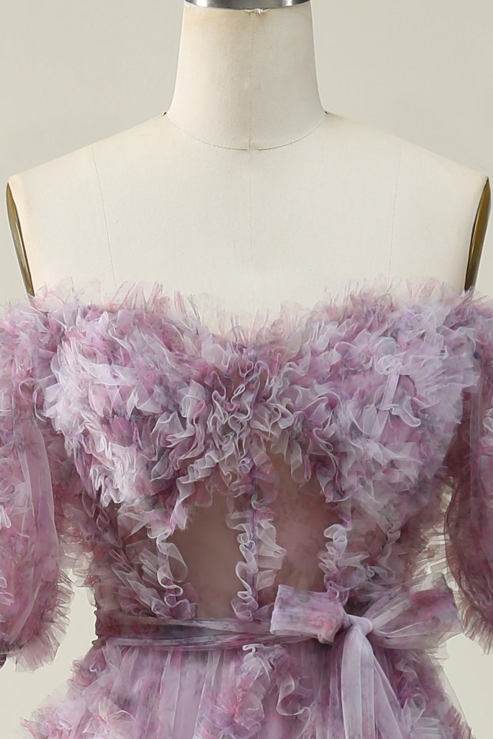 A Line Off the Shoulder Purple Long Ball Dress with Printing