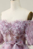 A Line Off the Shoulder Purple Long Ball Dress with Printing