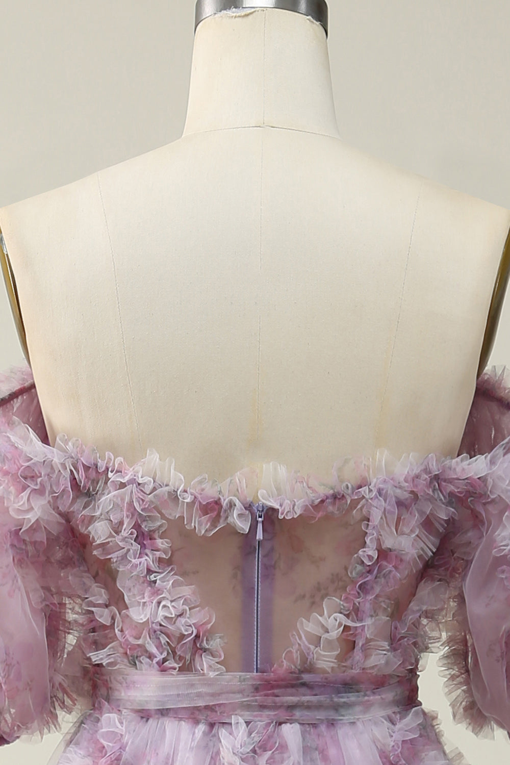 A Line Off the Shoulder Purple Long Ball Dress with Printing