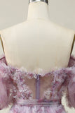 A Line Off the Shoulder Purple Long Ball Dress with Printing