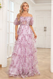 Charming A Line Off the Shoulder Purple Long Ball Dress with Printing