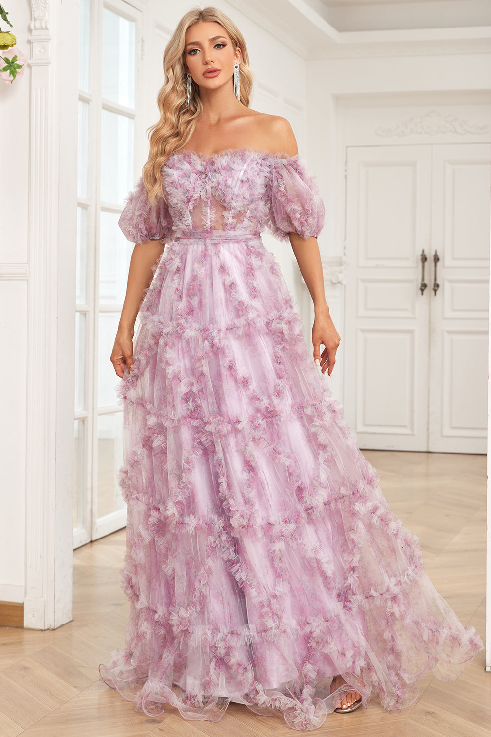 Charming A Line Off the Shoulder Purple Long Ball Dress with Printing