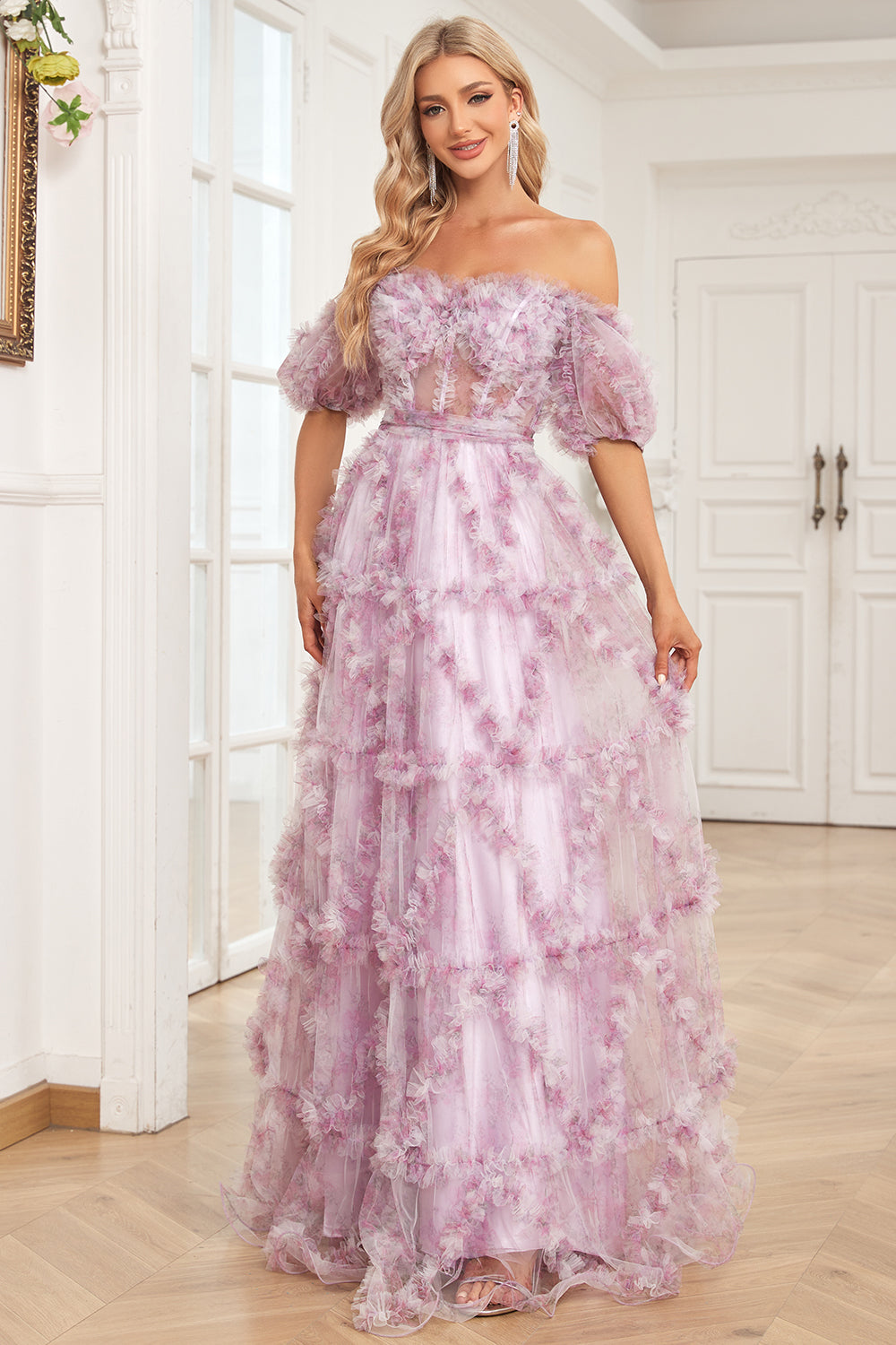 Charming A Line Off the Shoulder Purple Long Ball Dress with Printing