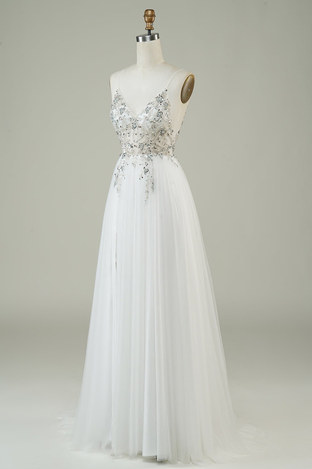 Gorgeous A Line Spaghetti Straps White Tulle Long Ball Dress with Beading