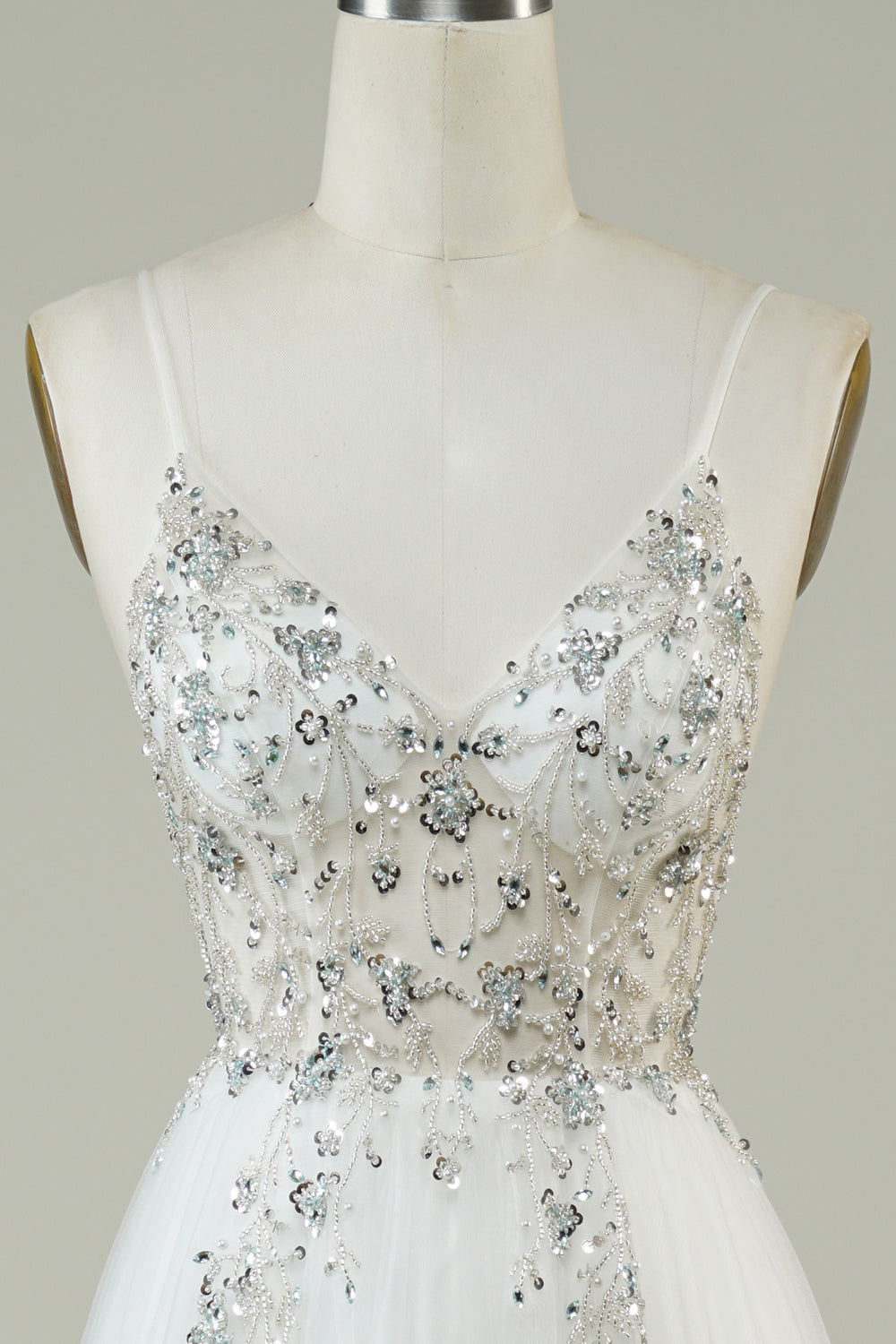Gorgeous A Line Spaghetti Straps White Tulle Long Ball Dress with Beading