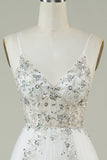 Gorgeous A Line Spaghetti Straps White Tulle Long Ball Dress with Beading