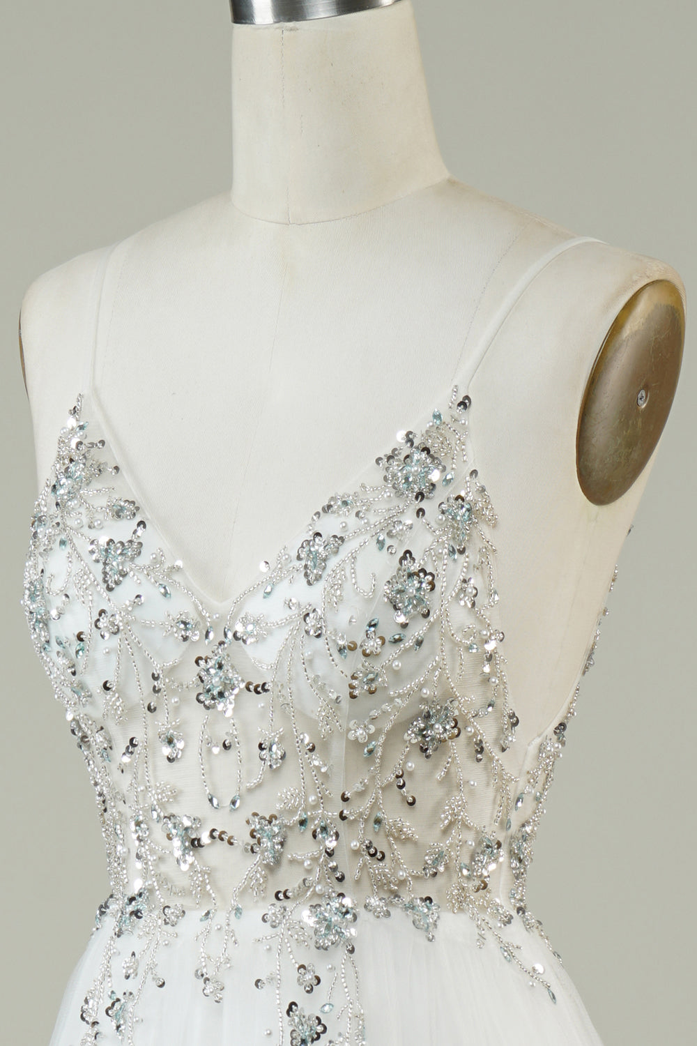 Gorgeous A Line Spaghetti Straps White Tulle Long Ball Dress with Beading