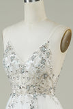 Gorgeous A Line Spaghetti Straps White Tulle Long Ball Dress with Beading