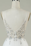 Gorgeous A Line Spaghetti Straps White Tulle Long Ball Dress with Beading