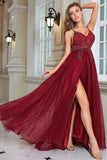 Sparkly Burgundy Beaded Long Tulle Ball Dress with Slit