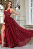 Sparkly Burgundy Beaded Long Tulle Ball Dress with Slit