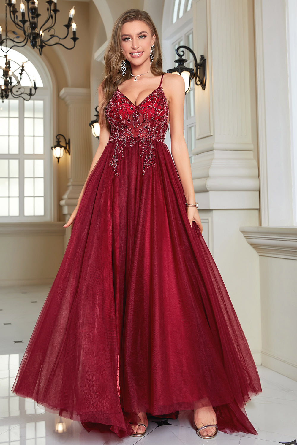 Sparkly Burgundy Beaded Long Tulle Ball Dress with Slit