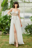 Sparkly Burgundy Beaded Long Tulle Ball Dress with Slit