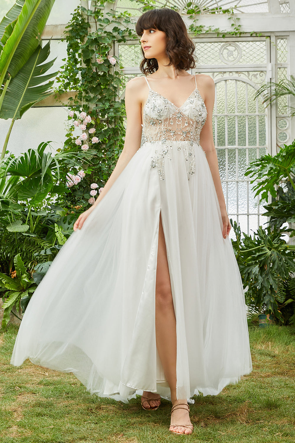 Tulle Spaghetti Straps White Long Ball Dress with Beading