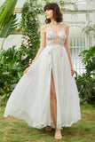 Tulle Spaghetti Straps White Long Ball Dress with Beading