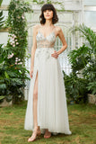 Tulle Spaghetti Straps White Long Ball Dress with Beading