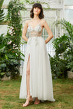Tulle Spaghetti Straps White Long Ball Dress with Beading