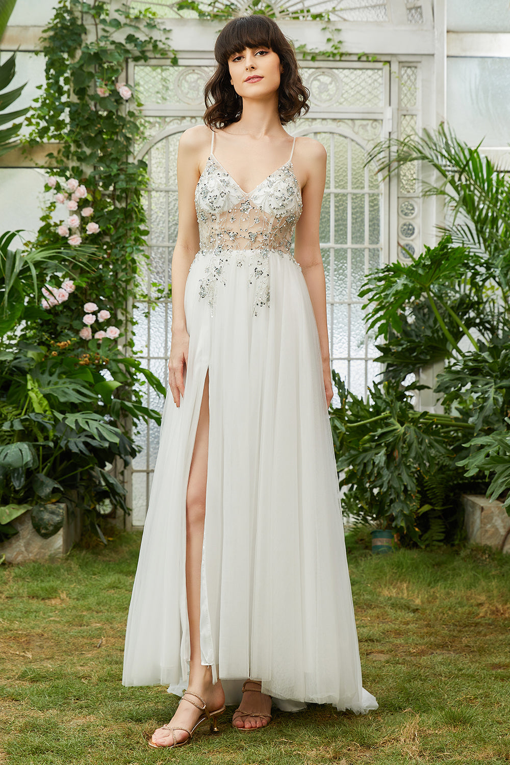 Tulle Spaghetti Straps White Long Ball Dress with Beading