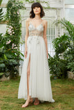 Tulle Spaghetti Straps White Long Ball Dress with Beading