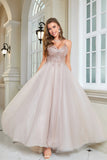 Glitter Blush A-Line Tulle Long Ball Dress with Lace