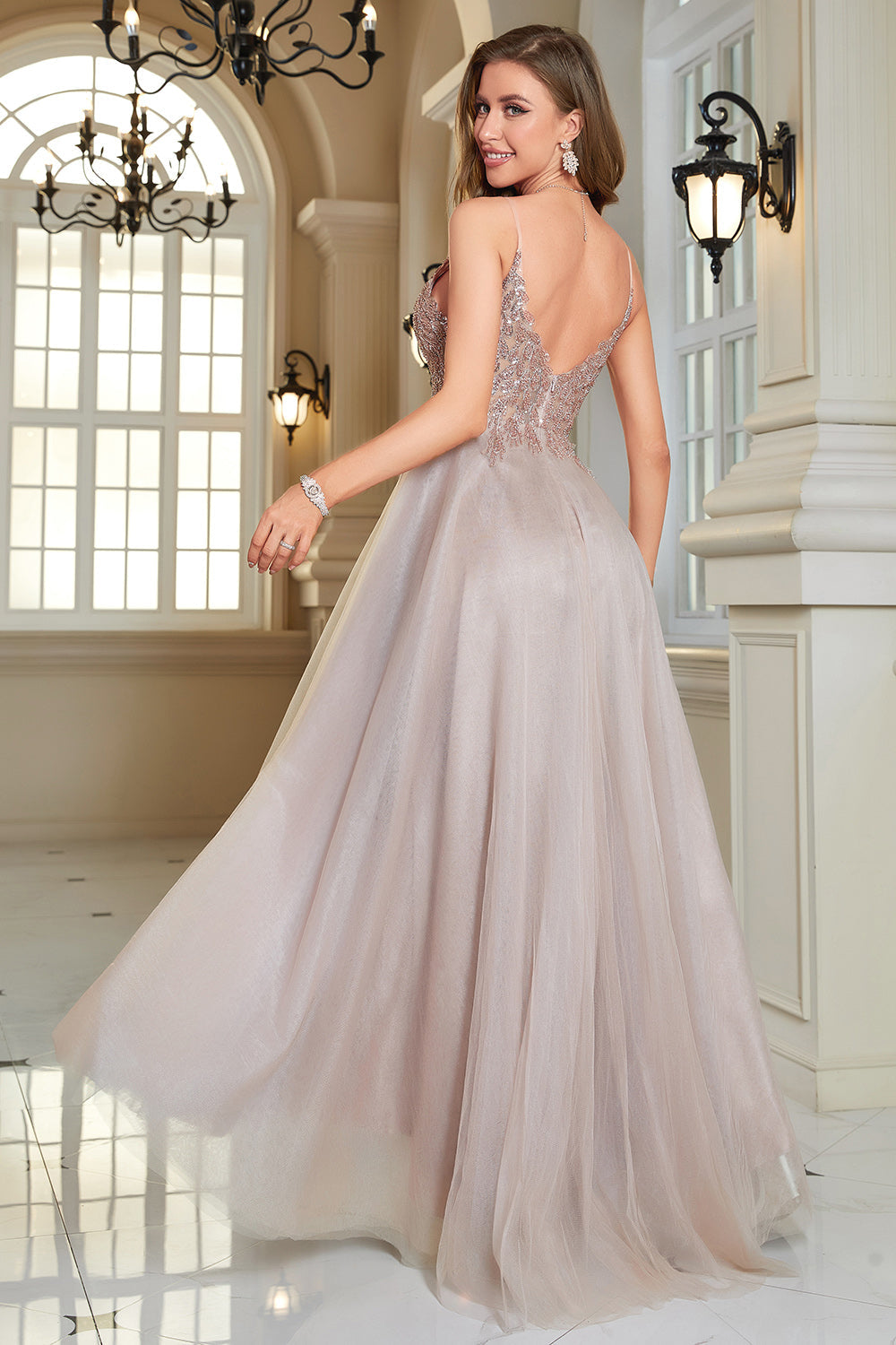 Glitter Blush A-Line Tulle Long Ball Dress with Lace