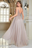 Glitter Blush A-Line Tulle Long Ball Dress with Lace